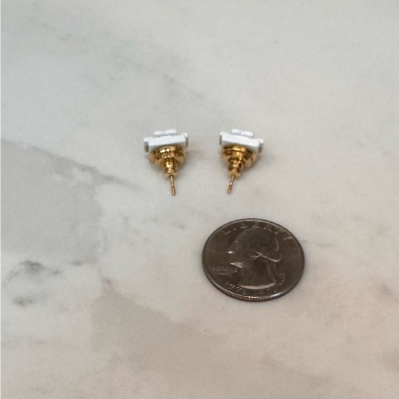 Tory Burch White Enamel Gold Logo Stud Earrings Classic Small - Picture 3 of 3